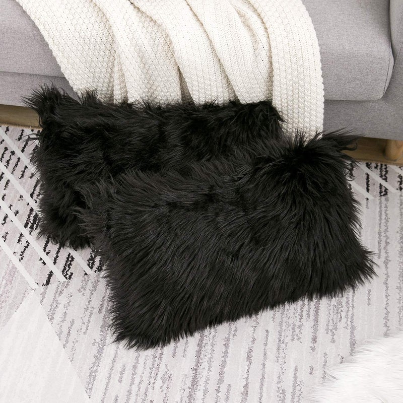 WLNUI Set of 2 Black Decorative Lumbar Fluffy Pillow Covers New Luxury Series Merino Style Faux Fur Throw Pillow Covers Fuzzy Cushion Case Spring Easter Home Decor 12x20 Inch - Image 3